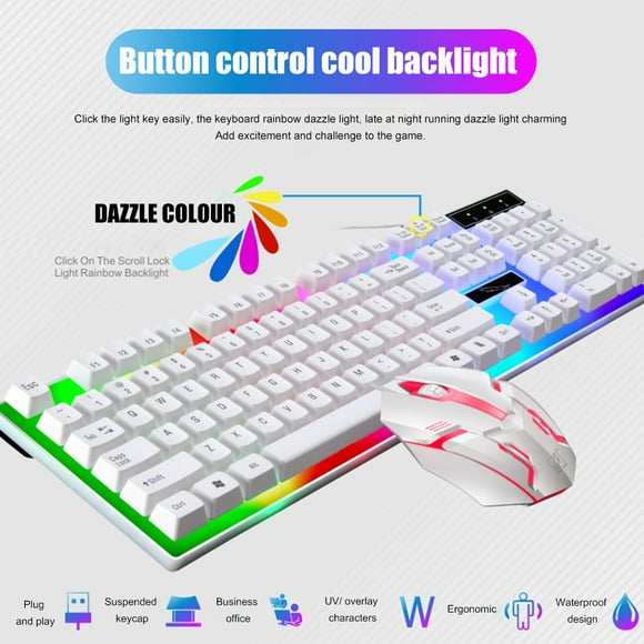Laptop White Gothic_Master Wired Rainbow Backlit Gaming Illuminated Keyboard and Mouse Combo for Home and Office Desktop Computer 